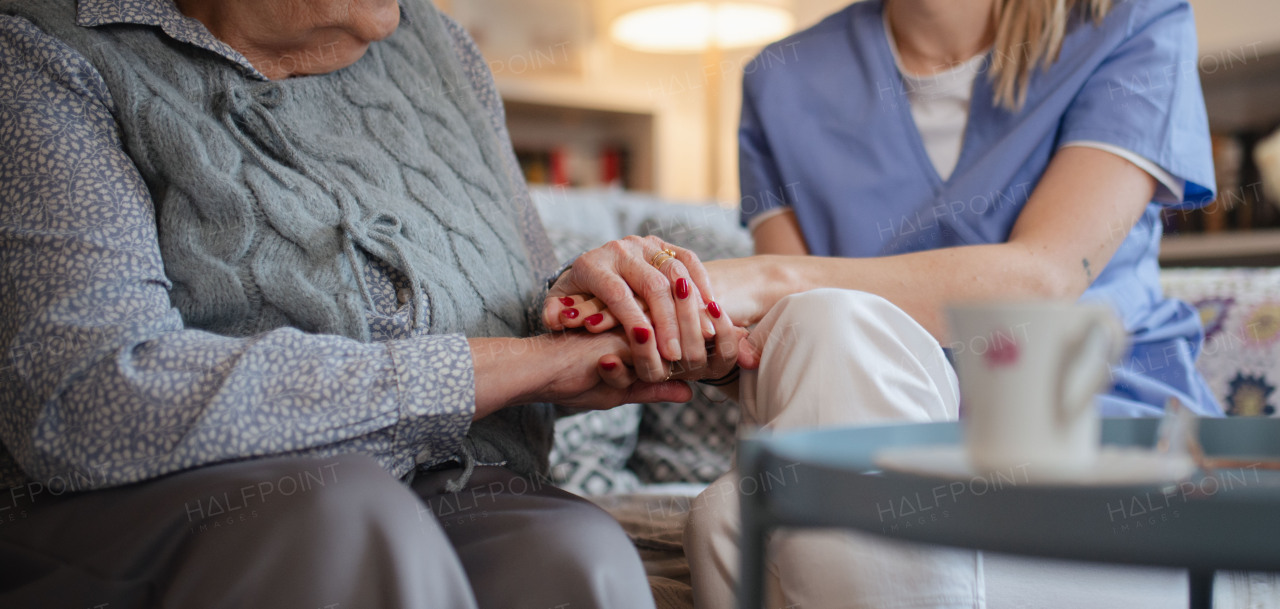 Close up of holding hands of healthcare worker and senior patient. Banner with copy space.