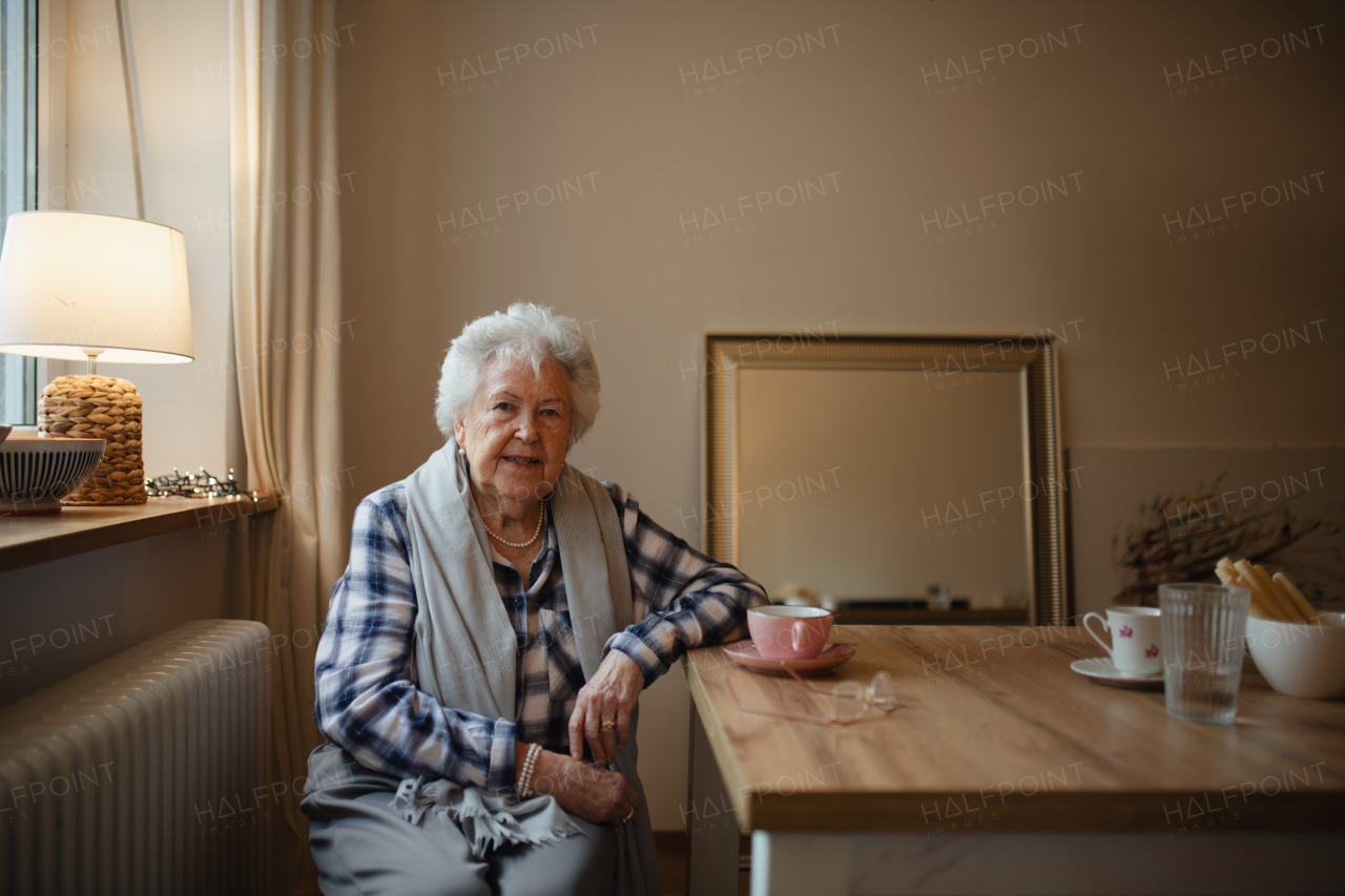 Lovely elderly woman sitting at the kitchen table and drinking a tea. Portrait of senior woman at home.