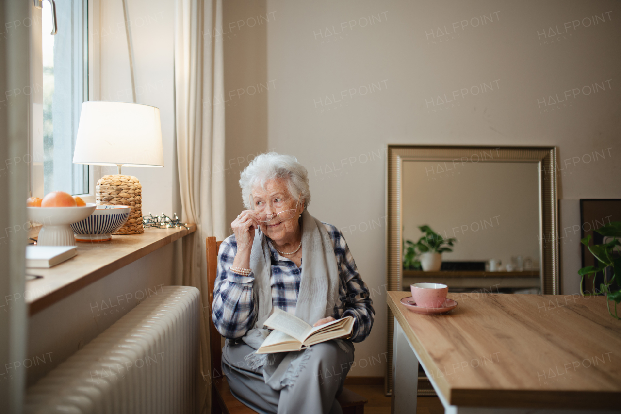 Lovely elderly lady reading book, sitting at the kitchen table and sipping tea.