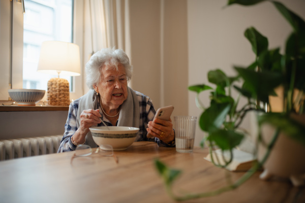 Elderly woman using smartphone while sitting in the kitchen and eating soup.