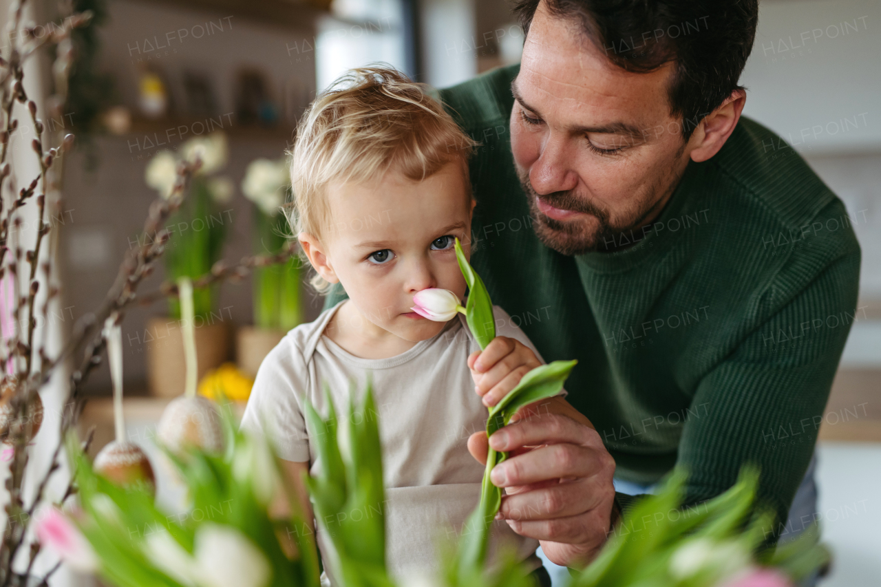 Father and little son arranging tulips in a vase. Concept of easter holidays.