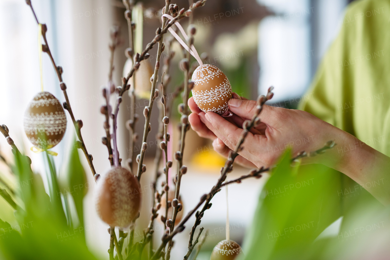 Decorating pussy willows branches with easter eggs. Concept of easter holidays.