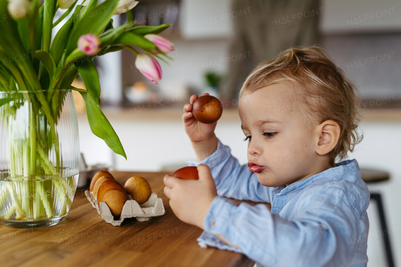 Little boy and easter eggs dyed with onion skins.