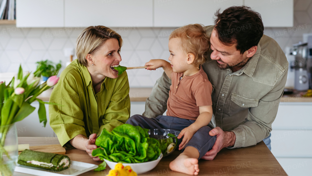 Family preparing lettuce salad to celebrate Easter Green Thursday. Green dish during Maundy thursday.