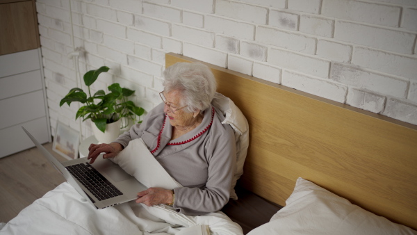 Senior woman lying in bed, working on laptop.