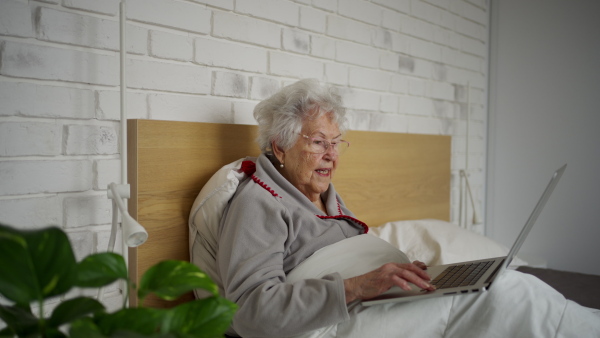 Senior woman lying in bed, working on laptop.