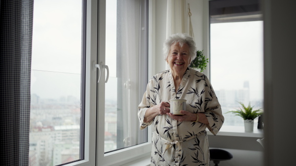 A video of beautiful old woman smiling expecting a visitor. Banner with copy space.