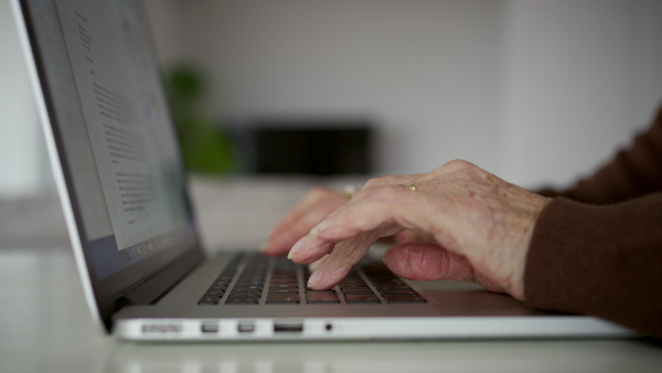 A close up of senior woman using laptop on her own, doing online banking, paying bills.