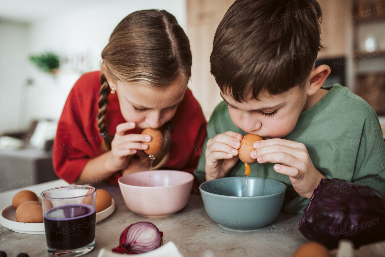 Siblings preparing egshells for easter egg decorating. Blowing out eggs. Kids craft project.