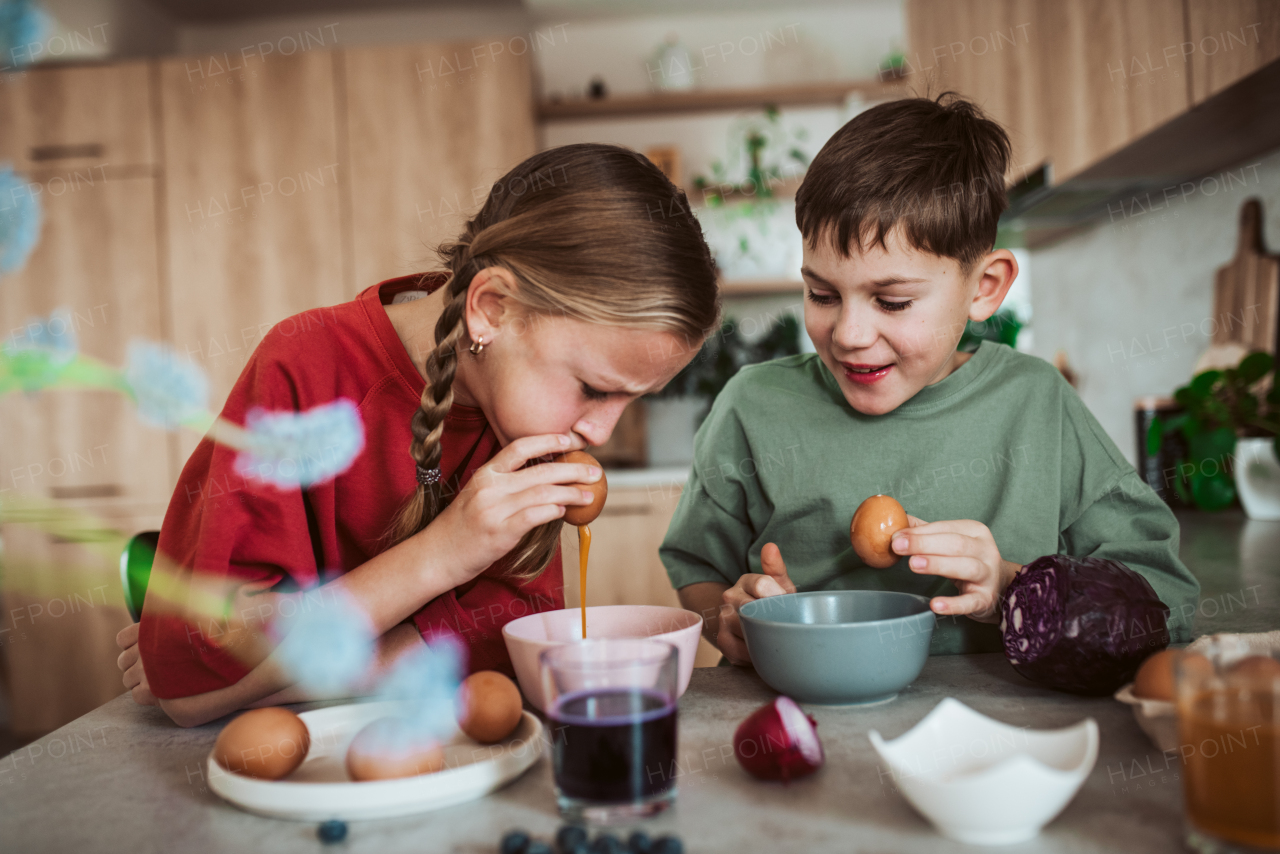 Siblings preparing egshells for easter egg decorating. Blowing out eggs. Kids craft project.