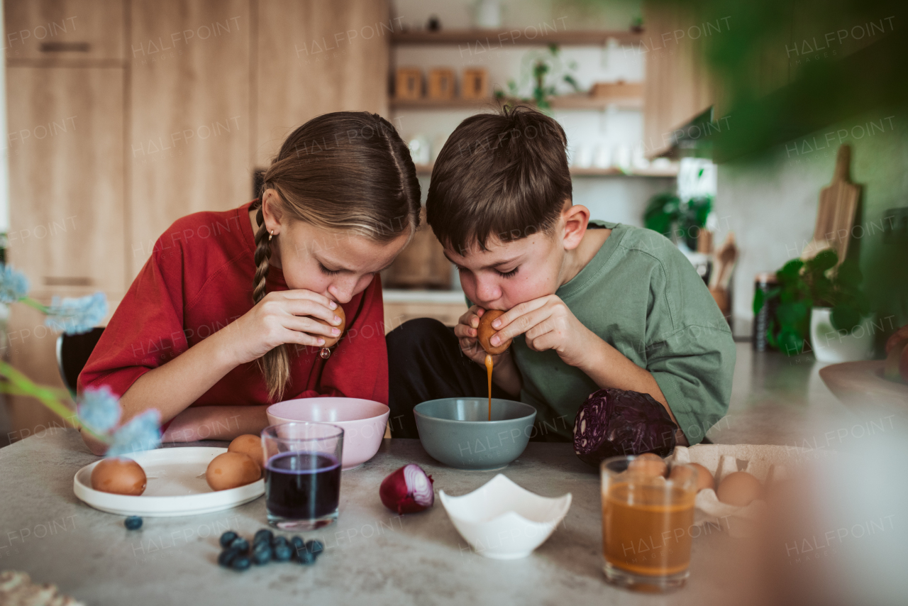 Siblings preparing egshells for easter egg decorating. Blowing out eggs. Kids craft project.