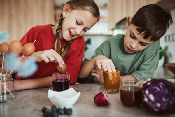 Siblings using natural dyes to decorate egshells for easter egg decorating. Kids craft project.