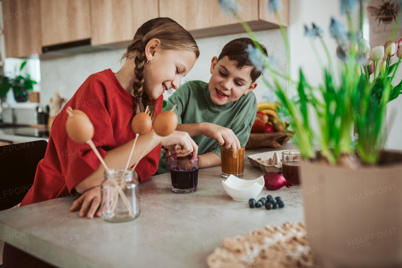 Siblings using natural dyes to decorate egshells for easter egg decorating. Kids craft project.