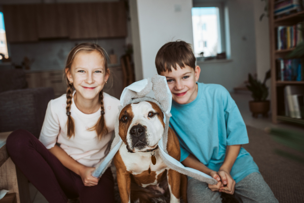 Boy, girl and dog wearing bunny ear headbands. Family easter holiday concept.