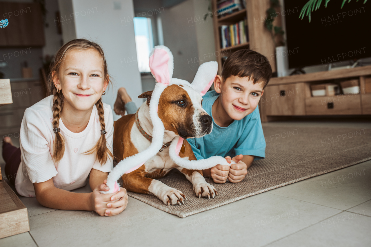 Boy, girl and dog wearing bunny ear headbands. Family easter holiday concept.