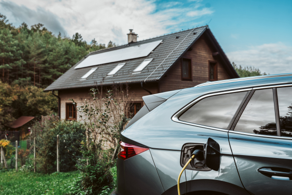 Electric car charging in front of house with solar panels on roof. Vehicle with charging cable.