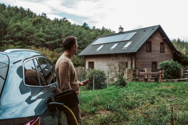 Man charging electric car, checking progress in app. House with solar panel system on roof behind him.