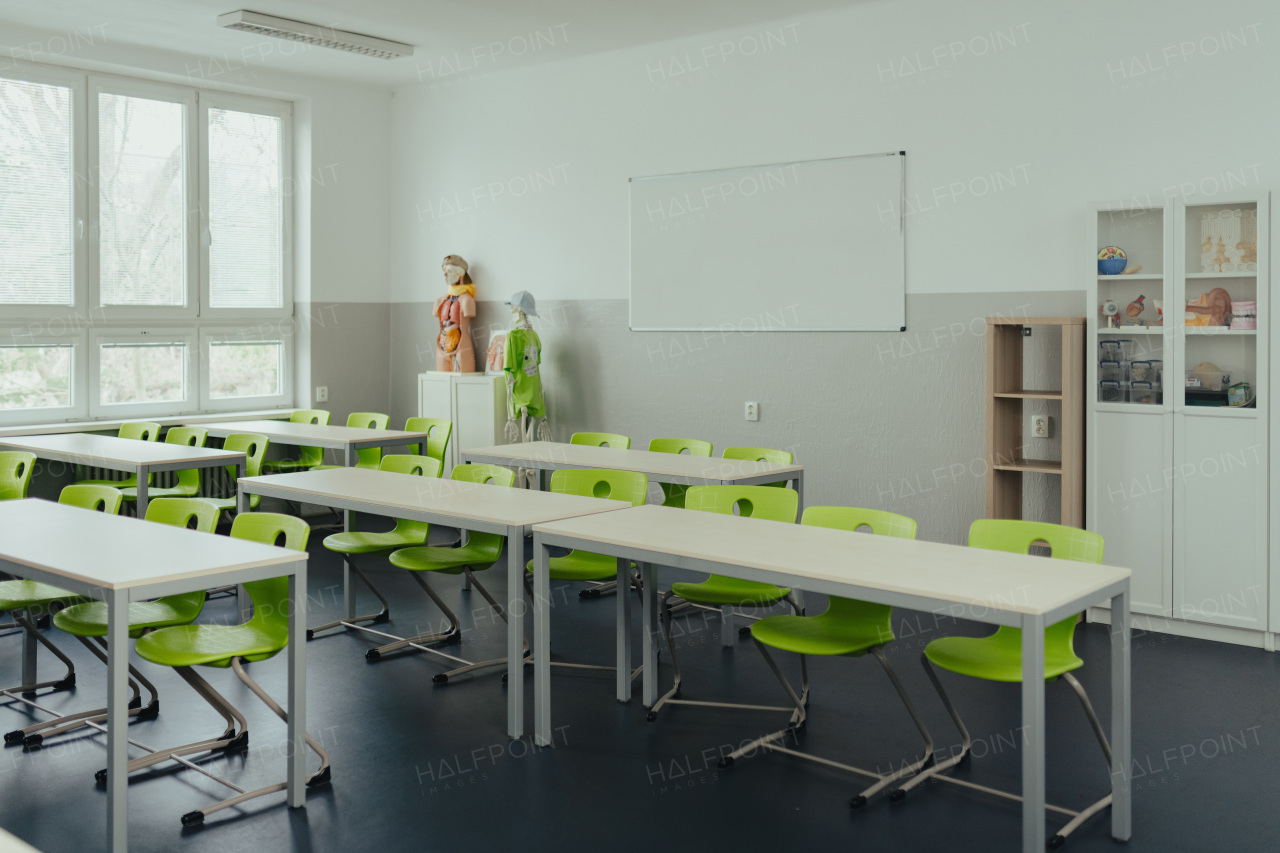 Biology science lab in school. Empty classroom with an equipment.