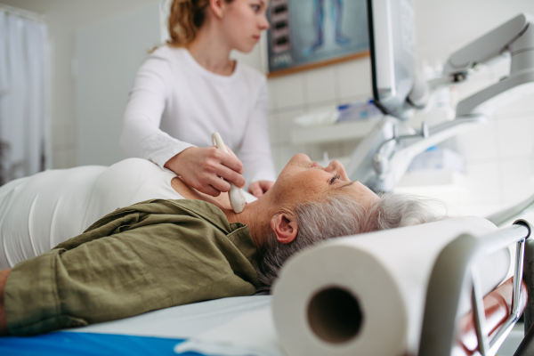 Female patient undergoing thyroid ultrasound examination. Lymp node sonography.