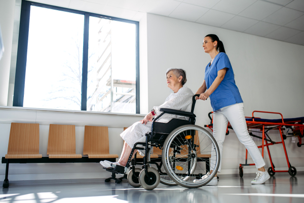 Friendly doctor pushing elderly patient in wheelchair across hospital hallway, Senior health care.