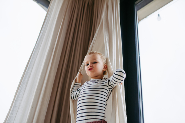 Adorable toddler boy playing hide and seek at home. Low angle view.