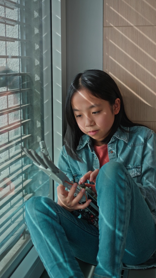 Curious young Japanese girl playing with robotic arm at home, exploring robotics.