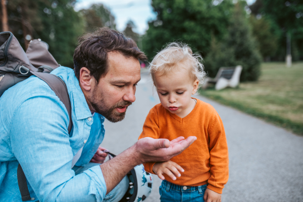 Father and son observing a bug during nature walk.