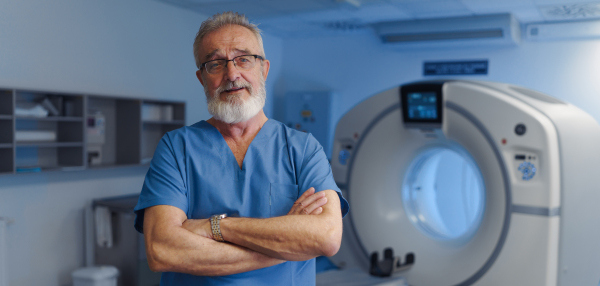 Medical specialist standing by CT scanner, looking at camera. Banner with copy space.