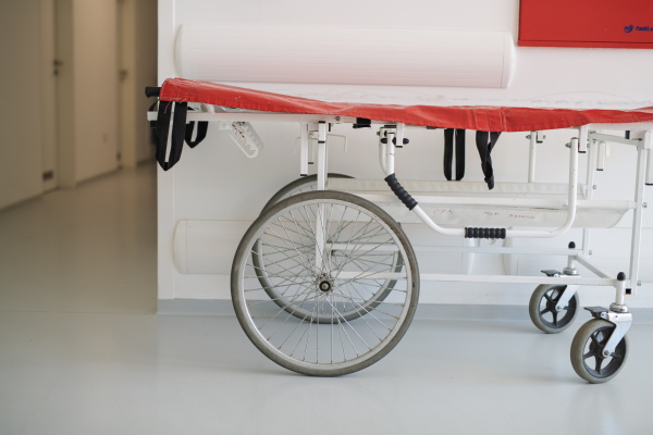 Worn emergency stretcher in old Slovak hospital.