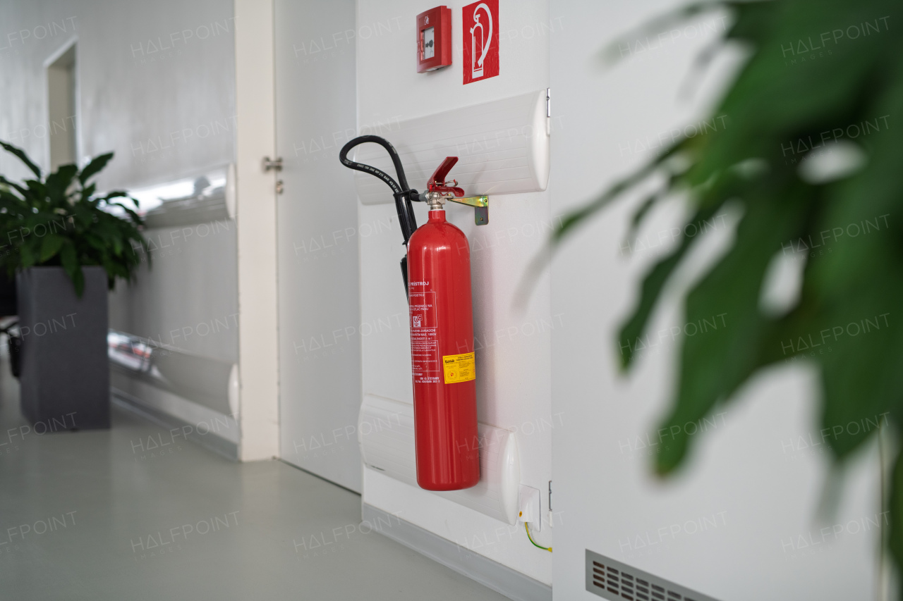 Emergency fire extinguisher in medical corridor