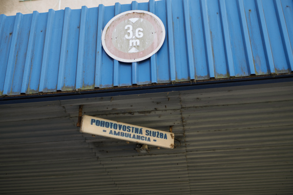 Emergency department sign on hospital building in Slovakia.