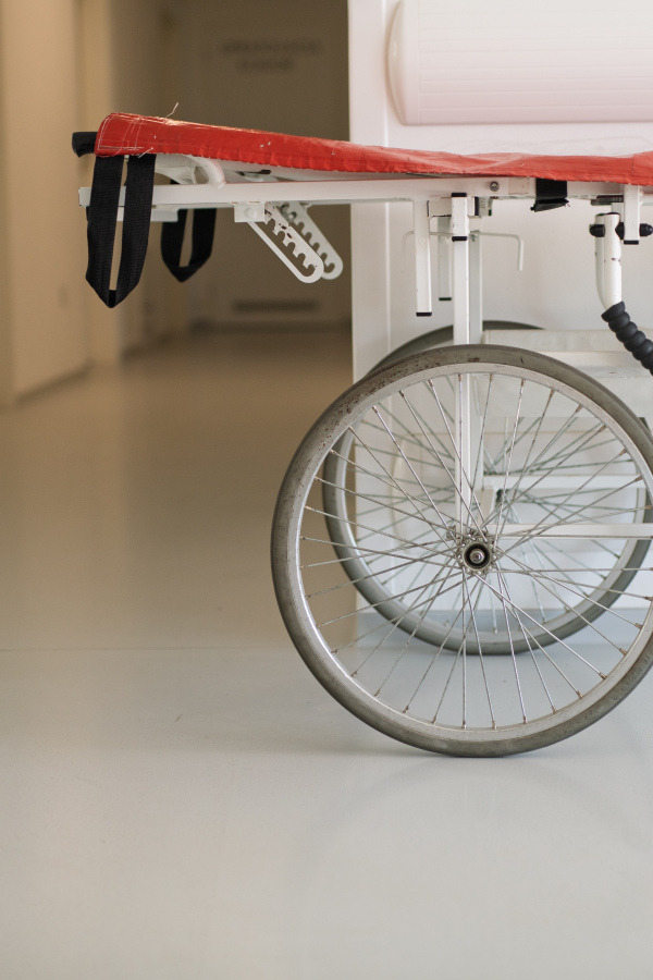 Worn emergency stretcher in old Slovak hospital.