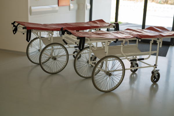 Worn emergency stretcher in old Slovak hospital.