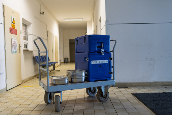 Hospital meal delivery cart with thermal boxes and trays