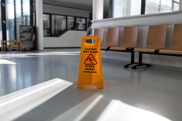 Wet floor warning sign in Slovak public building hallway