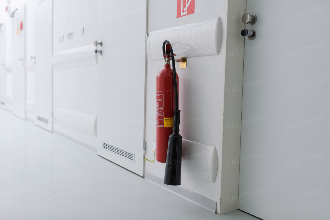 Emergency fire extinguisher in medical corridor