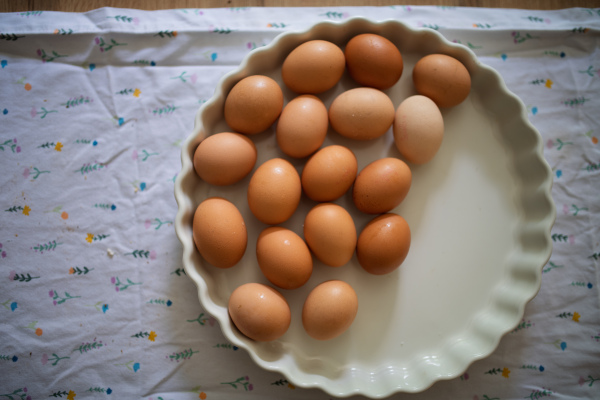 Fresh brown eggs in porcelain bowl. Farm-fresh eggs on wooden kitchen table.
