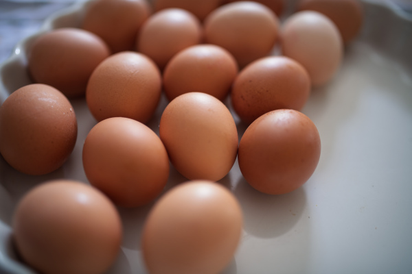 Fresh brown eggs in porcelain bowl. Farm-fresh eggs on wooden kitchen table.