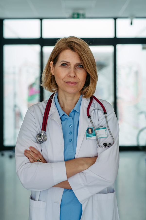Portrait of female doctor standing in examination room. Medical setting.