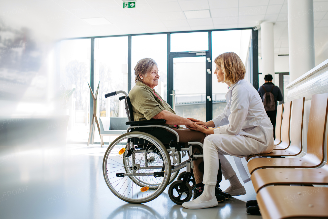 Elderly patient in wheelchair talking with female physician. Senior health care.