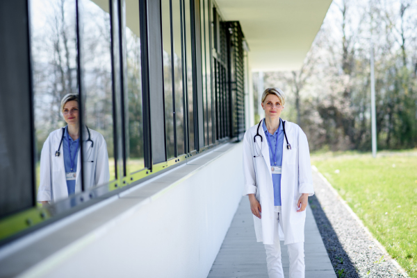 Young female doctor taking a break, standing in front of hospital building.