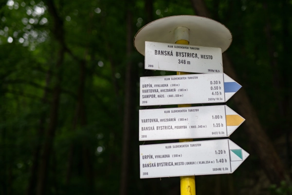 Hiking trail signpost in Banska Bystrica, Slovakia