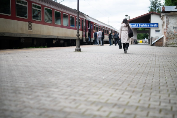 Passengers boarding the train at the station in Banska Bystrica.