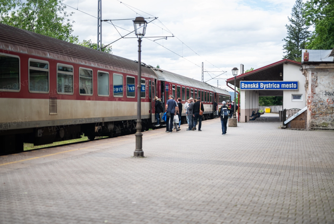 Passengers boarding the train at the station in Banska Bystrica.