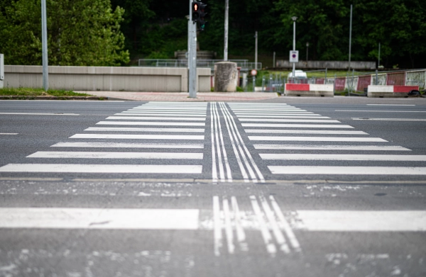 Marked pedestrian crosswalk with tactile paving lines for the visually impaired