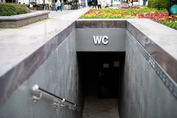 Public underground toilet entrance in city center