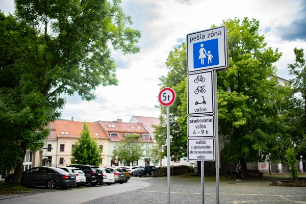 Pedestrian zone with traffic and access signs in a small town square