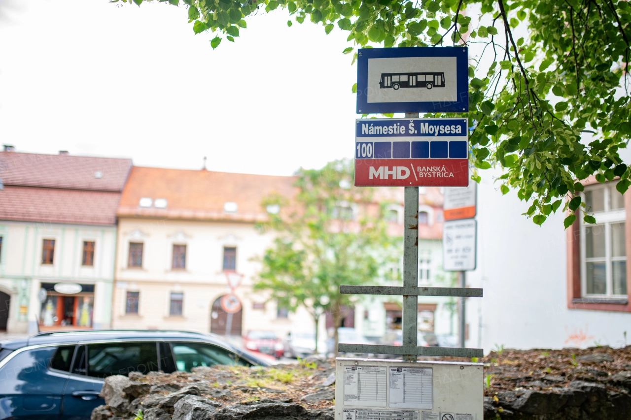 Public transport bus stop sign in the city center of Banska Bystrica