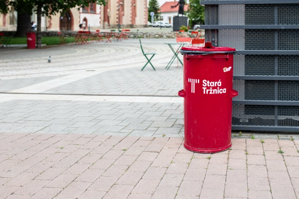 Garbage container in front of the Old Market Hall in Banska Bystrica, Stara trznica.