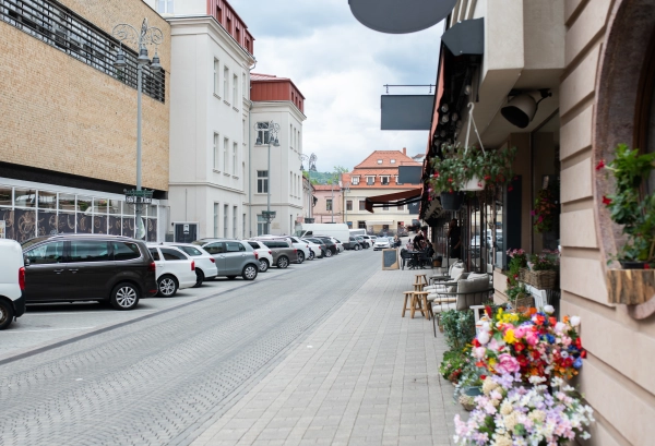 Seating in front of the Old Market Hall in Banska Bystrica, Stara trznica.